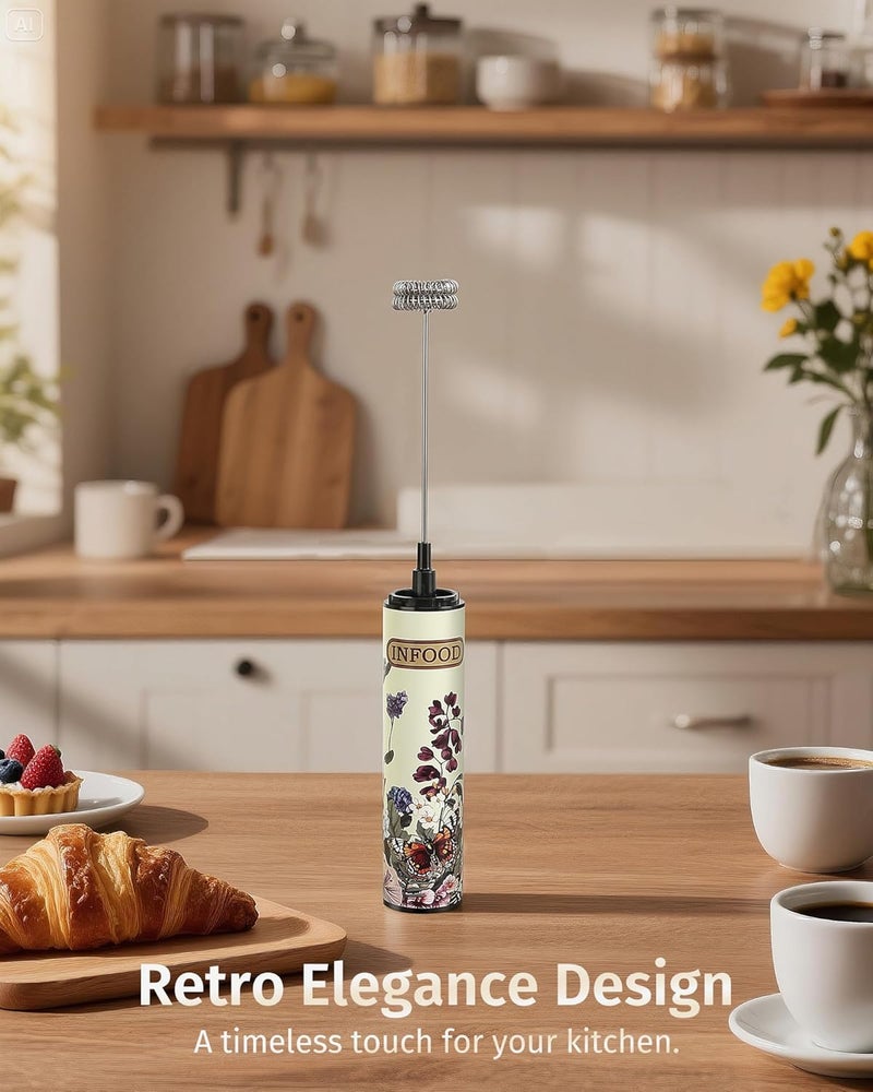 INFOOD Milk Frother Rechargeable with Cover - Coffee Frother Wand, Drink Mixer Handheld with 2 Detachable Stainless Whisks 2 Speed Adjustable for Latte, Cappuccino, Hot Chocolate, Egg, Vintage Floral - Image 2